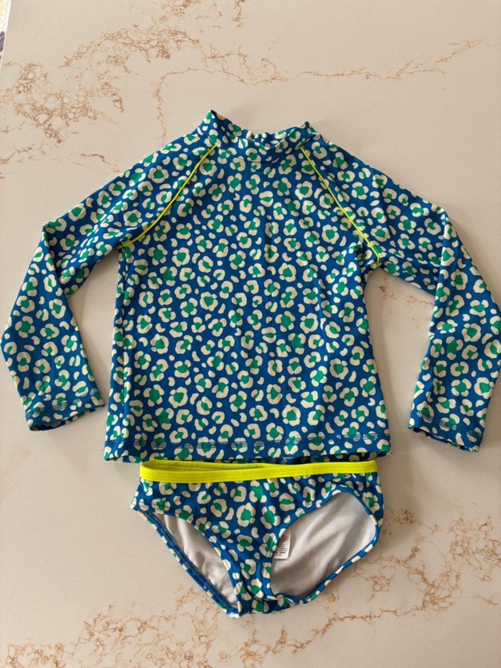 Mini Boden Blue & Green Leopard-Print Rashguard Swim Set